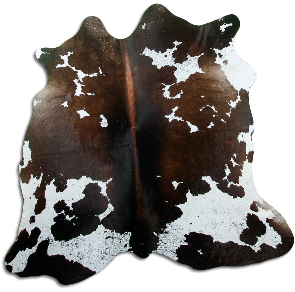 Dreifarbiges Kuhfell, ca. 170 × 180 cm, von oben fotografiert: genau das Fell, das Sie erhalten