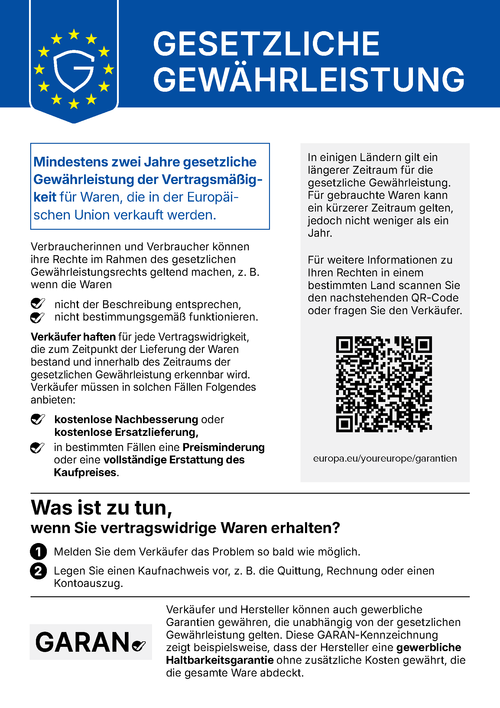 Offizieller EU-Hinweis zur gesetzlichen Gewährleistung: mindestens zwei Jahre Schutz für Waren, die in der Europäischen Union verkauft werden.